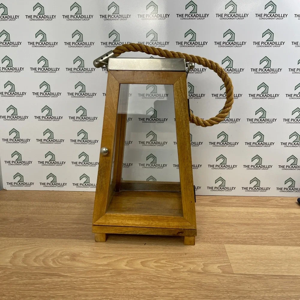 Rustic Wood and Glass Teak Lantern Rope Handle Nautical Farmhouse Decor 14 Inch